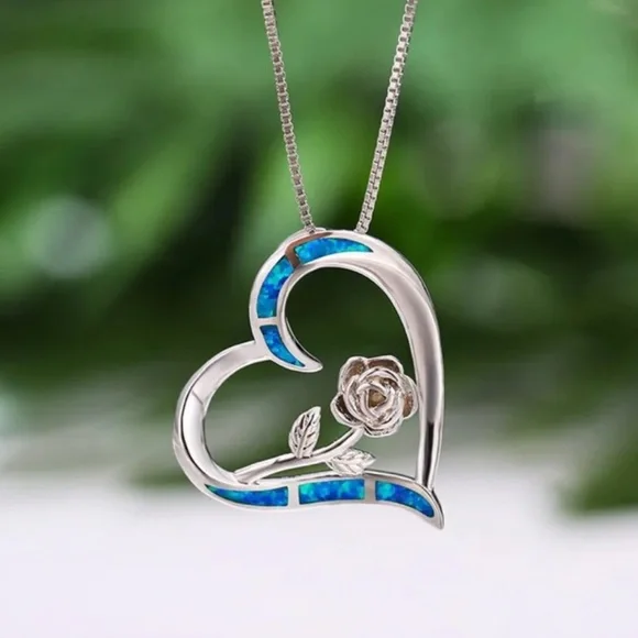 🆕 | Blue Simulated Opal | Rose Flower | 14K White Gold Plated Women’s Necklace - Picture 1 of 7